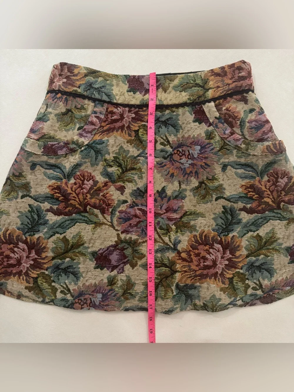 Free People Tapestry Floral Flare Mini Skirt w Pockets, Taupe & Multicolor, Sz 8